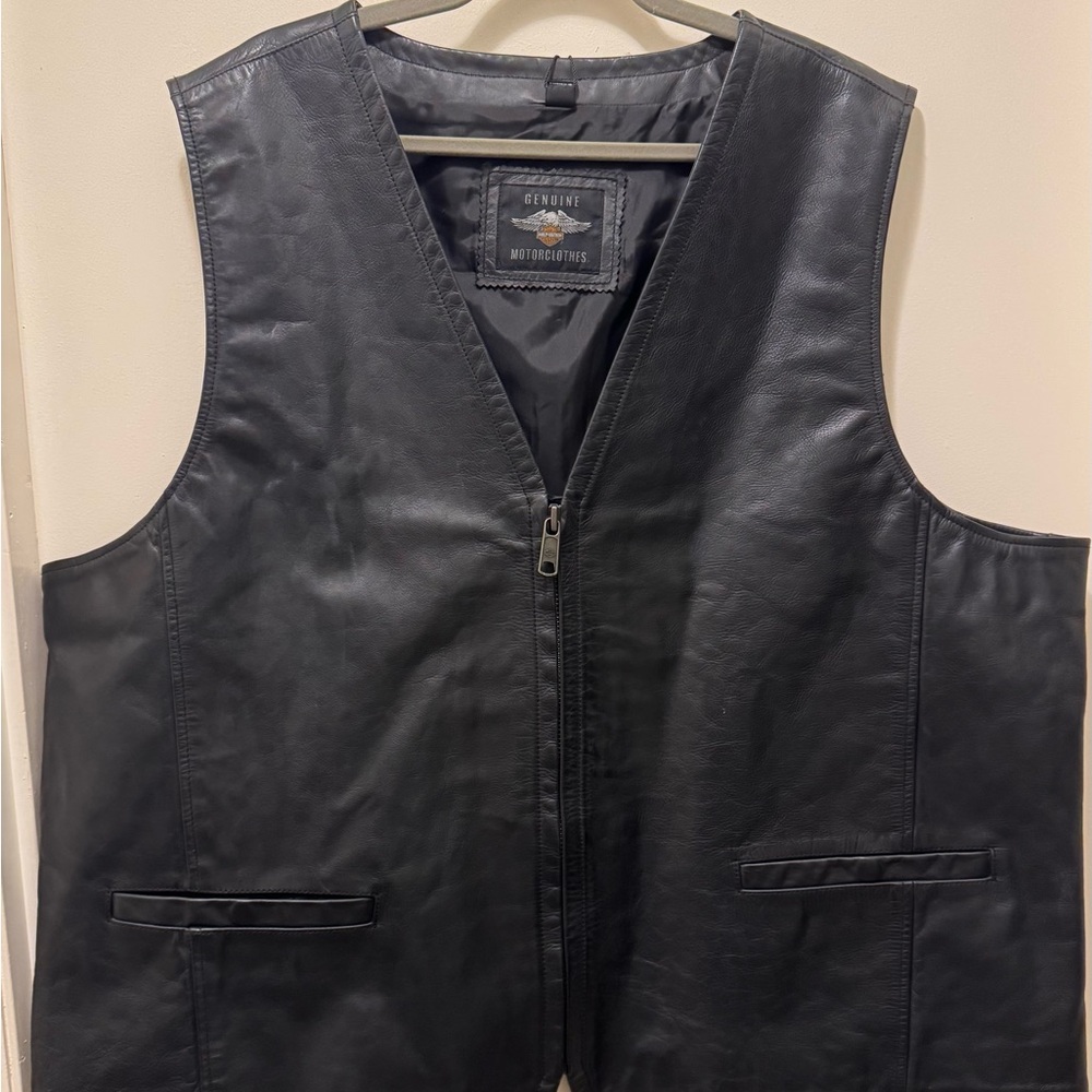 Harley Davidson Black Leather Vest - Men's Zip Front